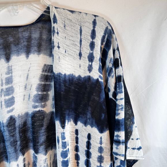 Indigo Tie-Dye Kimono Cardigan One Size Short Sleeve • Flowy Boho Layering - Picture 5 of 5